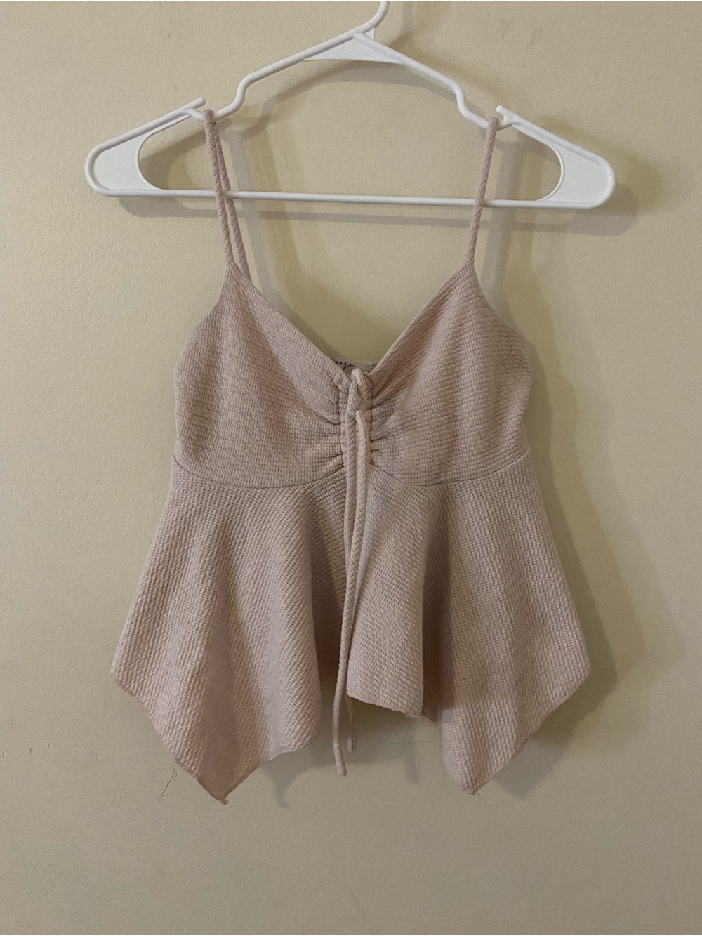 Asymmetrical  Ruched Front Spaghetti Strap Flowy crop Camisole light blush